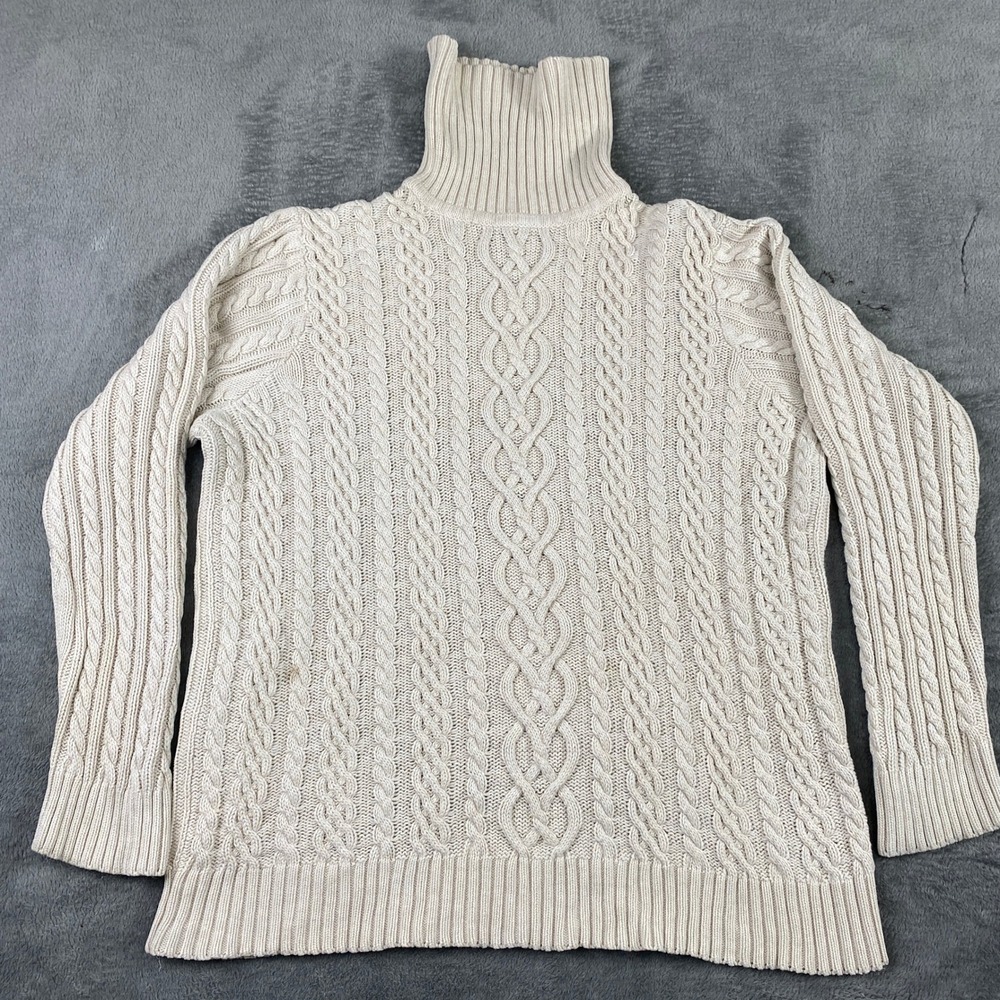 JEANNE PIERRE Cream Cable Knit Turtleneck Sweater XL 100% Cotton Long Sleeve